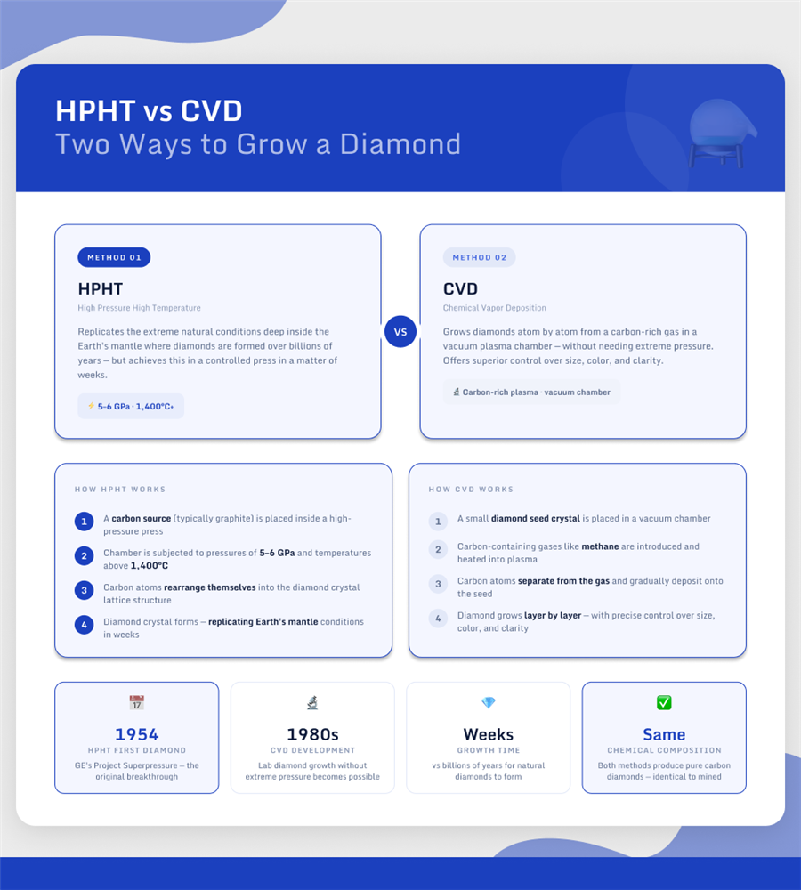 HPHT vs CVD diamond production infographic